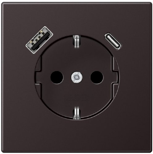 Розетка с заземлением +2хUSB тип A+C без рамки Jung LS990 metal 1-м. алюминий темный картинка